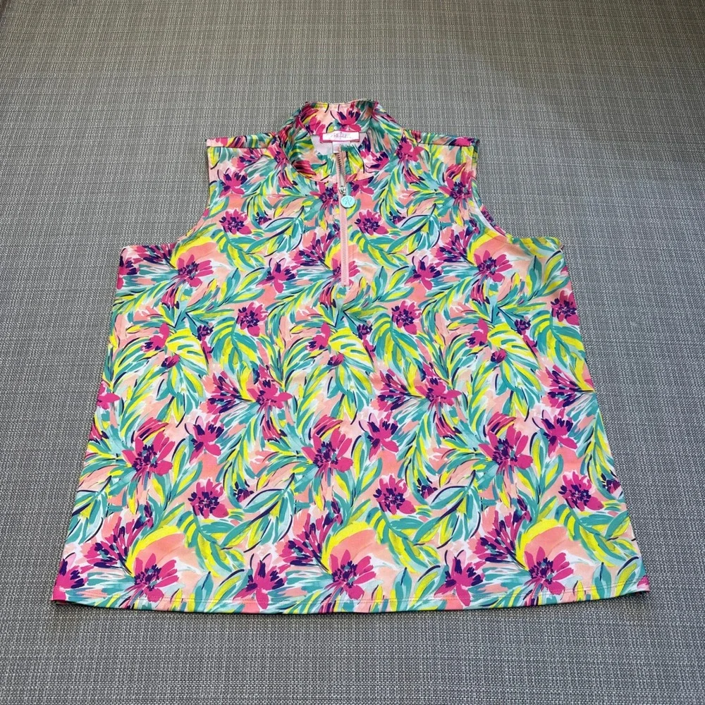 Stella Parker Golf Sleeveless Floral Quarter Zip Top Women XL Resort Performance
